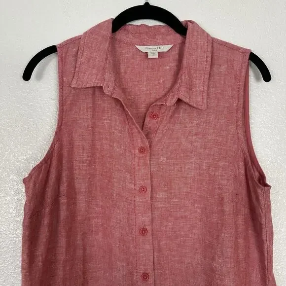 Garnet Hill Shirt Dress Women 10 Petite Classic Linen Flax Poppy Red Chambray - Picture 4 of 13